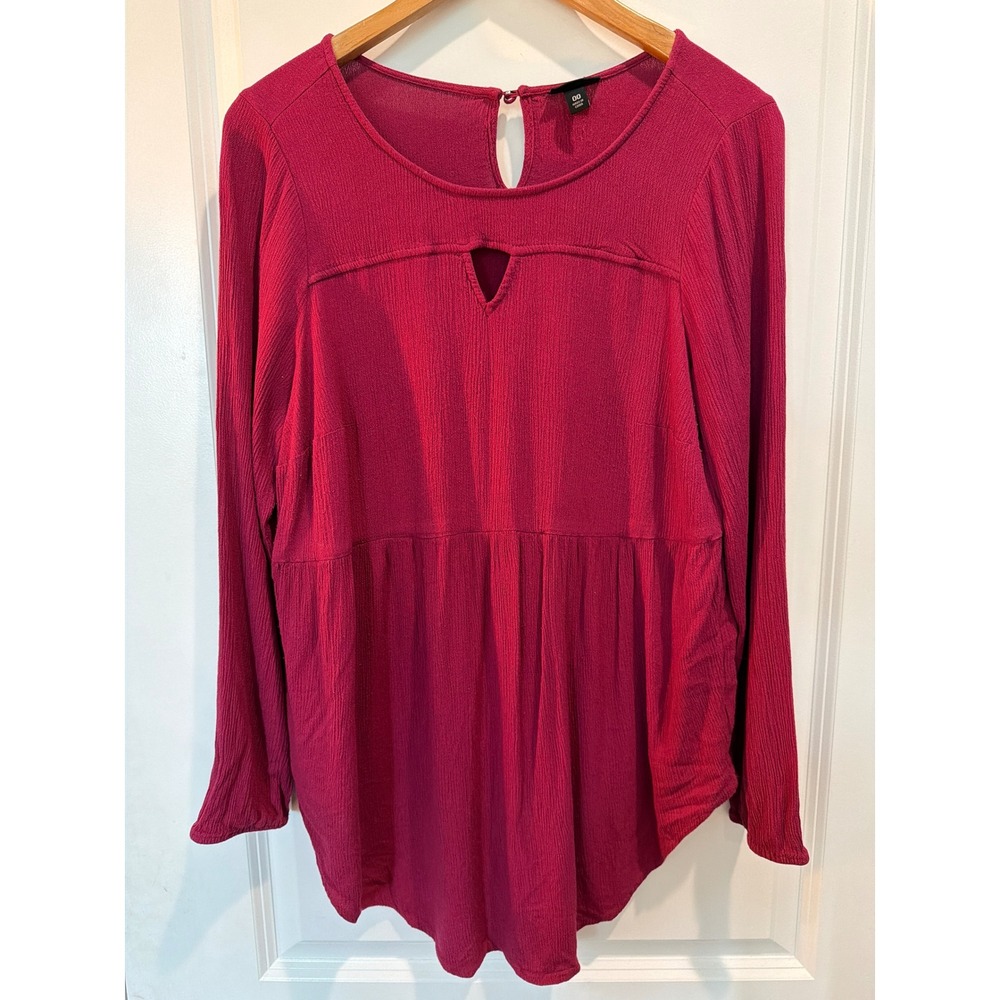 Torrid Magenta Pink Rayon Babydoll Blouse Keyhole Neck Long Sleeve Top 00 L XL